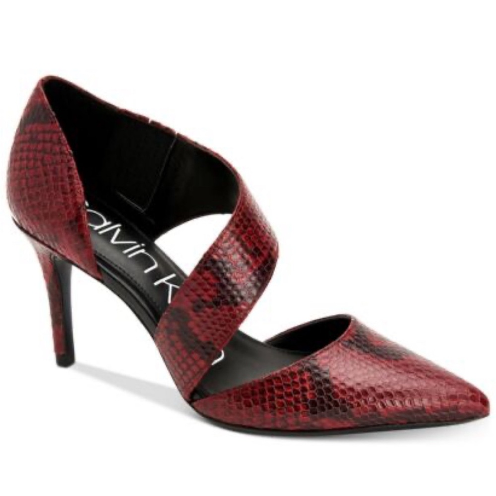 CALVIN KLEIN WOMENS GELLA, SNAKE PRINT BARN RED PUMP, 8.5M